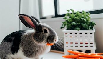 generativ ai, Hase Glückseligkeit ein Haustier Hase knabbert auf Möhren im ein gemütlich Innen- Oase foto