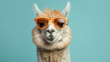 generativ ai, alpacadorable ein stilvoll Alpaka Sport Sonnenbrille foto