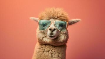 generativ ai, alpacadorable ein stilvoll Alpaka Sport Sonnenbrille foto