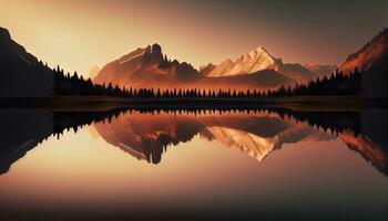 generativ ai, Reflexionen beim Sonnenuntergang ein Berg See Fata Morgana foto