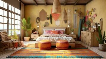 generativ ai, Bohemien Traum ein bunt und eklektisch Schlafzimmer Design foto