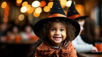 Kinder Wippen zum Äpfel beim ein gespenstisch Halloween Party, generativ ai foto