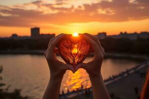 Silhouette von Hände Bildung Herz gestalten mit Sonnenuntergang Hintergrund foto