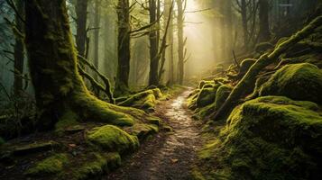 generativ ai, verzaubert Wege Enthüllung das Geheimnis und Abenteuer von Wald Wanderwege foto