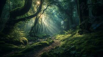 generativ ai, Wald Wunder Fokus auf das ätherisch Schönheit von Wälder foto