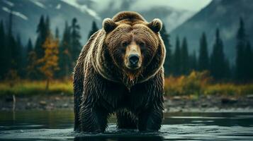 majestätisch Grizzly Bär wandernd im das zauberhaft Wald, ai generativ foto