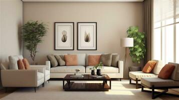 generativ ai, Einfachheit im Stil ein minimalistisch Leben Zimmer Design foto