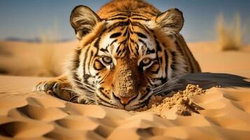 Wüste Fata Morgana getarnt Tiger im sandig Landschaft, ai generativ foto