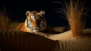 Mondschein Fata Morgana ätherisch Tiger im sandig Dünen, ai generativ foto