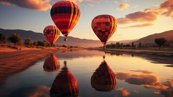 bunt heiß Luft Luftballons hochfliegend Über atemberaubend Landschaften, ai generativ foto