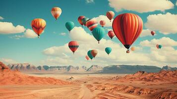 bunt heiß Luft Luftballons hochfliegend Über atemberaubend Landschaften, ai generativ foto