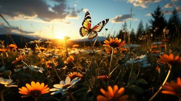 Erfassen der Natur Schönheit Wiese mit bunt Schmetterlinge, ai generativ foto