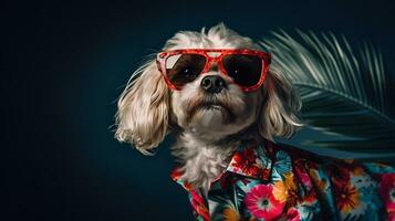 Hund im hawaiisch Hemd und Sonnenbrille Gnaden oben Mode, ai generativ foto