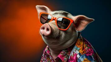 stilvoll Schwein im hawaiisch Hemd und Sonnenbrille, ai generativ foto