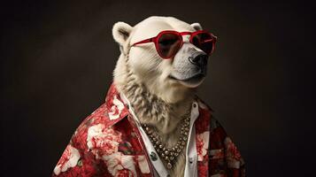 Polar- Bär im hawaiisch Hemd und Sonnenbrille Hälfte Körper, ai generativ foto