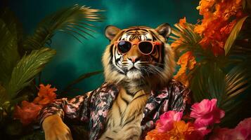 Tiger ein trippy hawaiisch Hemd und Sonnenbrille halber Körper, ai generativ foto