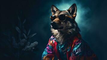 Wolfs halber Körper Fotoshooting im ein kreativ trippy ästhetisch, ai generativ foto