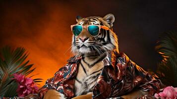 Tiger ein trippy hawaiisch Hemd und Sonnenbrille halber Körper, ai generativ foto