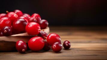 ai generativ, ein Cranberry perfekt zündete mit ein Holz Hintergrund foto