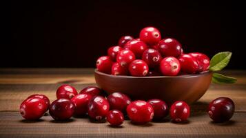 ai generativ, ein Cranberry perfekt zündete mit ein Holz Hintergrund foto