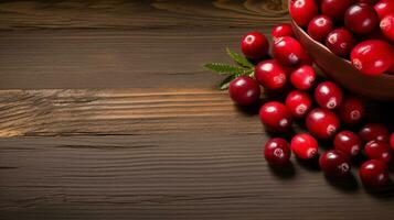 ai generativ, ein Cranberry perfekt zündete mit ein Holz Hintergrund foto