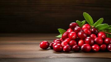 ai generativ, ein Cranberry perfekt zündete mit ein Holz Hintergrund foto