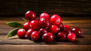 ai generativ, ein Cranberry perfekt zündete mit ein Holz Hintergrund foto