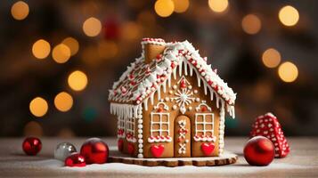 festlich Lebkuchen Haus mit Süßigkeiten Stöcke und Glasur Dekorationen foto