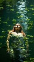 friedlich Bild von ein Frau schwebend auf ihr zurück im ein still See foto