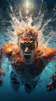 energisch Schuss von ein Schwimmer Rennen durch das Wasser mögen ein torpediert foto