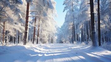 szenisch Winter Straße durch Wald bedeckt im Schnee nach Schneefall foto