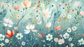 beschwingt Blumen- Gemälde auf ein heiter Blau Hintergrund. generativ ai foto