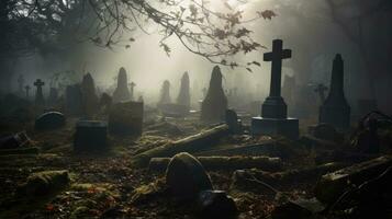 Friedhof mit ein Kreuz im das Mitte. generativ ai foto