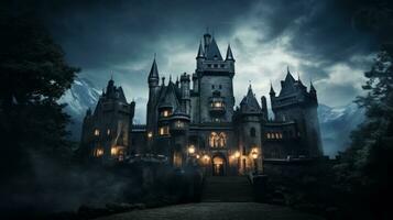 Schloss zündete oben beim Nacht im das dunkel. generativ ai foto