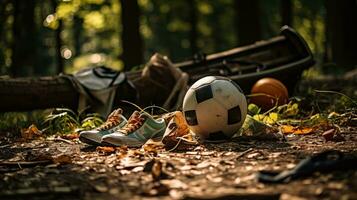 Müll im Park mit verlassen Sport Ausrüstung. generativ ai foto