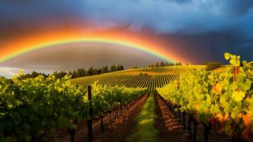 Regenbogen leuchten ein heiter Weinberg. generativ ai foto