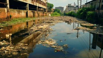 verschmutzt städtisch Kanal mit sichtbar Schadstoffe. generativ ai foto