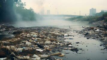 verschmutzt Flussufer mit sichtbar Verschmutzung im Luft. generativ ai foto