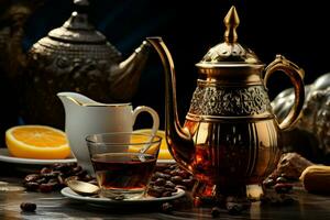 ein still Wüste Tableau mit ein arabisch Teekanne, Tasse, und Süss Termine ai generiert foto