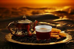 Fett gedruckt und aromatisch arabisch schwarz Kaffee, ein traditionell brauen von Reich Aromen ai generiert foto