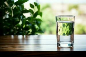 ein Glas von makellos Trinken Wasser auf hölzern Boden, Verlassen Raum auf oben ai generiert foto