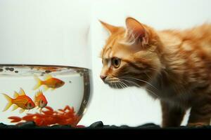 im ein runden Aquarium, ein süß rot Katze Scherze mit ein golden dekorativ Fisch ai generiert foto