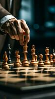 selektiv Fokus mans Hand im Schach spielen, metaphorisch führen strategisch Geschäft Entscheidungen Vertikale Handy, Mobiltelefon Hintergrund ai generiert foto