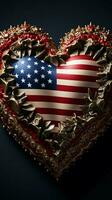 symbolisch Herz gefertigt von USA Flagge zahlt sich aus Huldigung zu das geschätzt Unabhängigkeit Tag Vertikale Handy, Mobiltelefon Hintergrund ai generiert foto