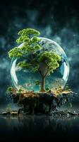Grün Harmonie Baum auf Erde, abstrakt Blau Hintergrund verschmelzen Öko Technik, Ethik, und Nachhaltigkeit Vertikale Handy, Mobiltelefon Hintergrund ai generiert foto