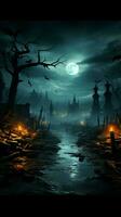 Spuk Stille nachtaktiv Friedhof wird Halloween Hintergrund Hintergrund, Rahmen ein spektral Stimmung Vertikale Handy, Mobiltelefon Hintergrund ai generiert foto