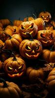 Kürbis Mystik Halloween thematisch Hintergrund Eigenschaften ein fesselnd Anordnung von festlich Kürbisse Vertikale Handy, Mobiltelefon Hintergrund ai generiert foto
