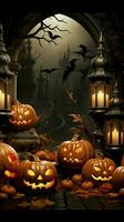 saisonal locken Hintergrund setzt ein Halloween Stimmung mit ein Array von dekorativ Kürbisse Vertikale Handy, Mobiltelefon Hintergrund ai generiert foto
