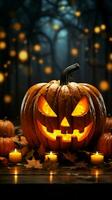 saisonal Kernstück Halloween Kürbis Laterne auf Holz Hintergrund strahlt aus Herbst Verzauberung Vertikale Handy, Mobiltelefon Hintergrund ai generiert foto