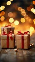 festlich Freude Geschenk Kisten, rot Verbeugungen, schimmernd Bokeh Beleuchtung. Weihnachten und Neu Jahr. Vertikale Handy, Mobiltelefon Hintergrund ai generiert foto